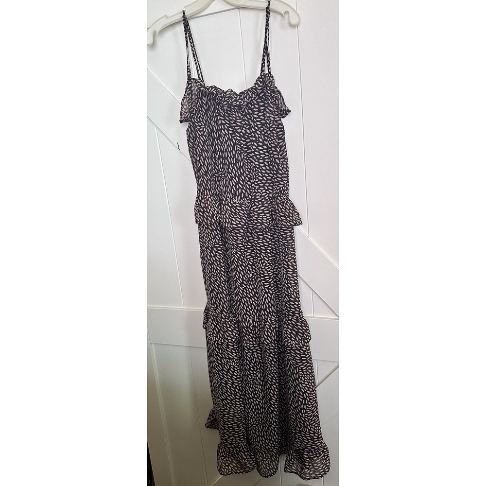 Who What Wear Sz XS Spaghetti Strap Black/Tan Print Maxi Dress Lined Ruffled‎